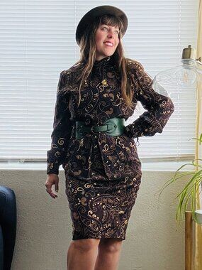 PRICE FIRM Vintage Silk Dress 80s Long Sleeve Paisley Sheath High Collar S/M